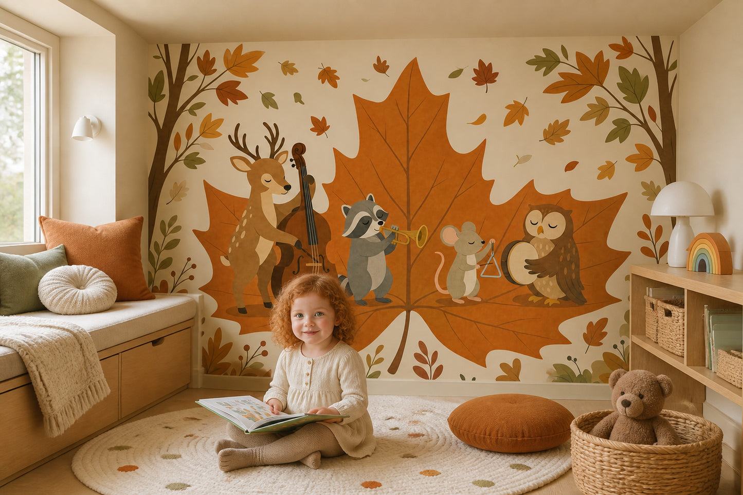 Woodland Animals Wallpaper Maple Leaf Autumn Wall Mural