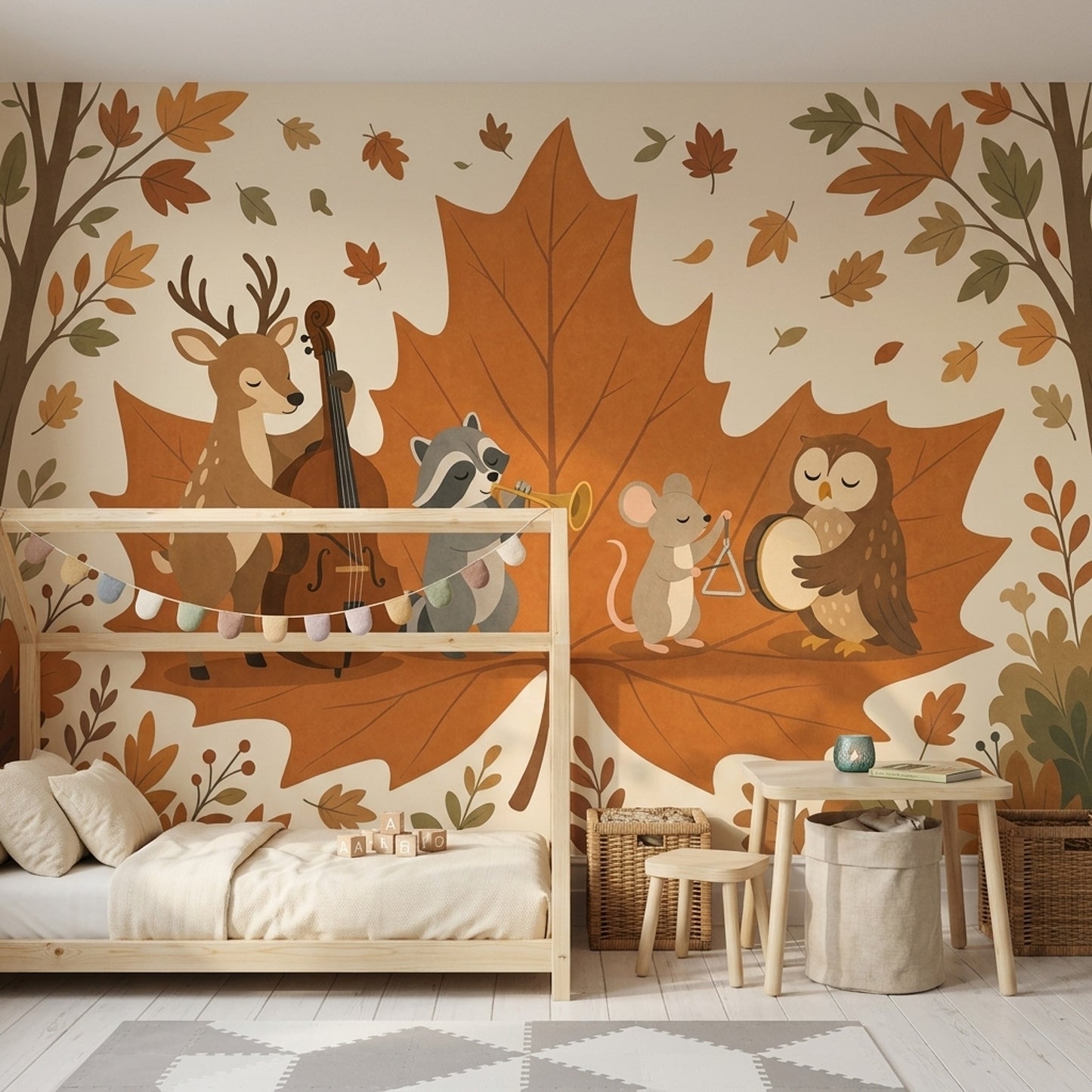 Woodland Animals Wallpaper Maple Leaf Autumn Wall Mural