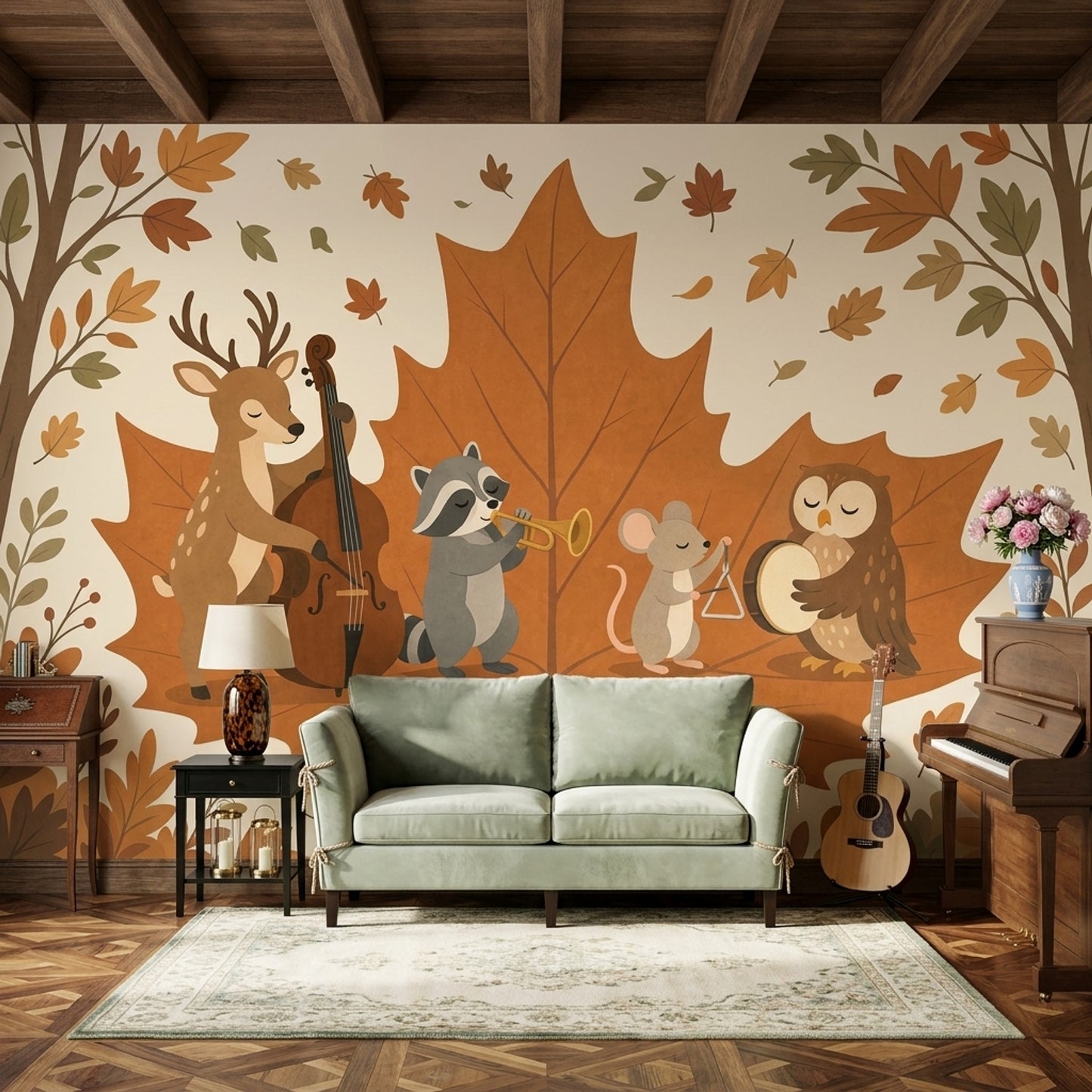 Woodland Animals Wallpaper Maple Leaf Autumn Wall Mural
