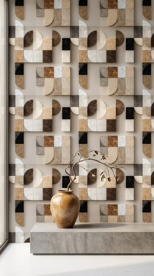 Modern Geometric Stone Wallpaper Organic Modern Bauhaus Pattern Neutral Wall Decor