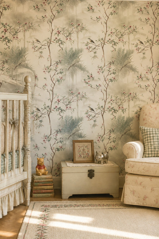 Vintage Tropical Botanical Wallpaper Bird Blossom Palm Tree Seamless Nursery Wall Decor