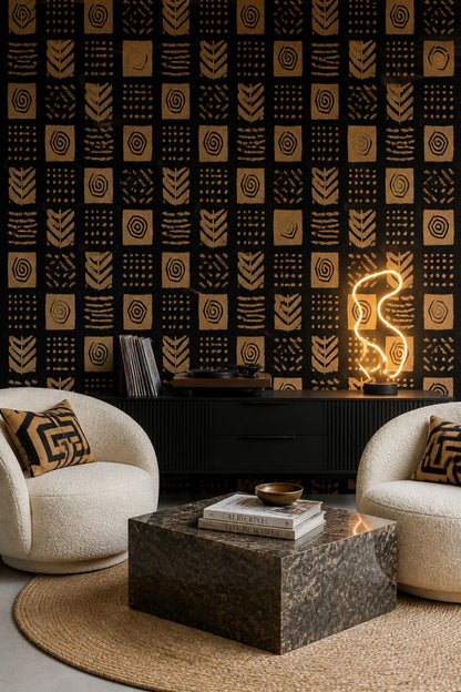 African Mudcloth Inspired Wallpaper Black Terracotta Tribal Geometric Pattern