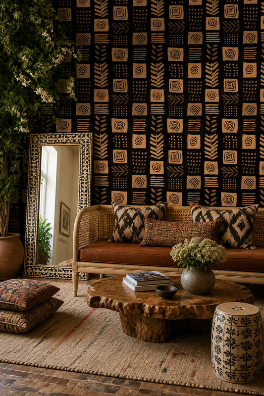 African Mudcloth Inspired Wallpaper Black Terracotta Tribal Geometric Pattern