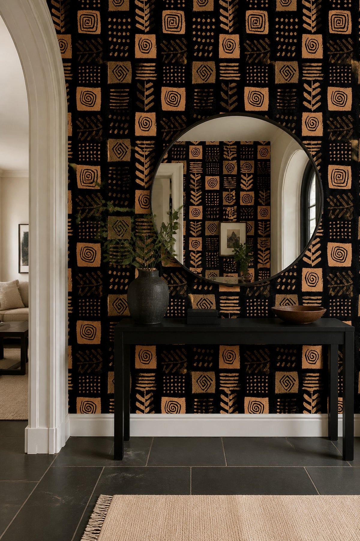 African Mudcloth Inspired Wallpaper Black Terracotta Tribal Geometric Pattern