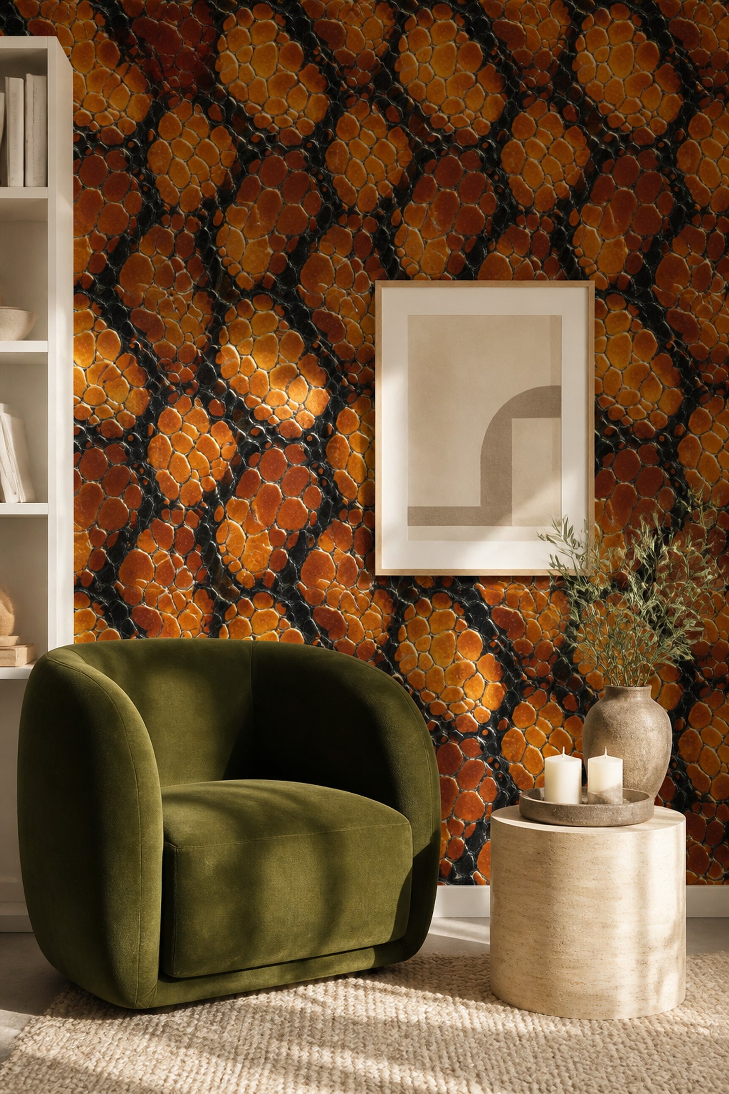 Burnt Orange Snakeskin Wallpaper Luxury Reptile Scale Pattern Dark Art Deco Decor