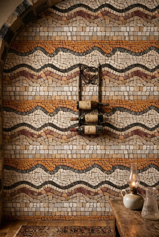 Travertine Mosaic Wallpaper Mediterranean Stone Tile Pattern Luxury Wall Decor