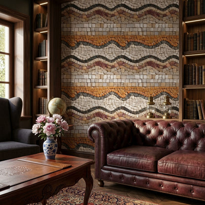 Travertine Mosaic Wallpaper Mediterranean Stone Tile Pattern Luxury Wall Decor