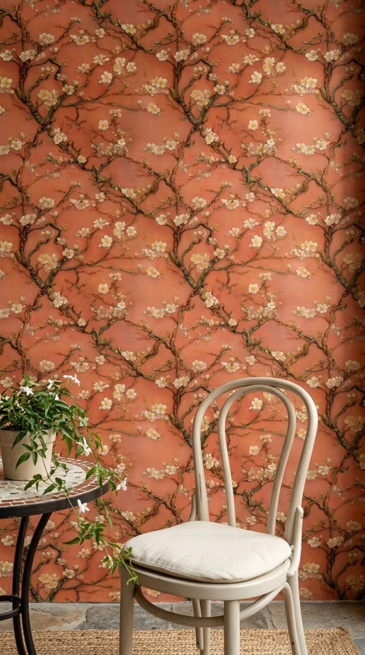 Coral Blossom Branch Wallpaper Vintage Floral Art Deco Seamless Wall Decor