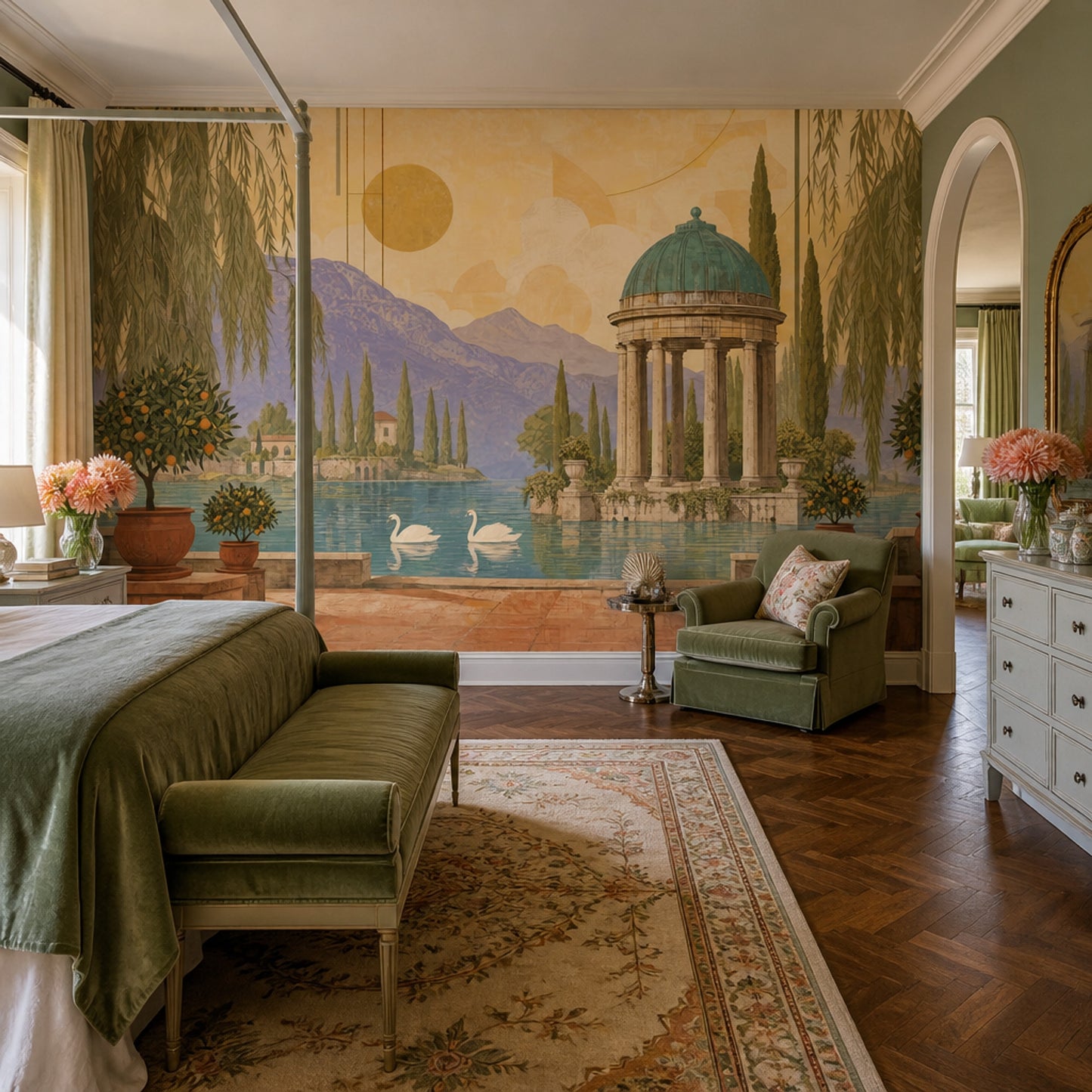 Garden Folly Wall Mural Swan Lake Estate Landscape Luxury Scenic Wallpaper