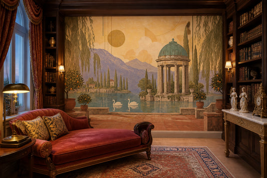 Garden Folly Wall Mural Swan Lake Estate Landscape Luxury Scenic Wallpaper