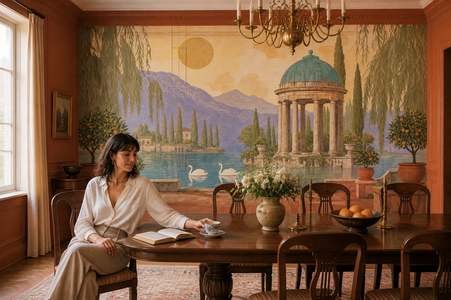 Garden Folly Wall Mural Swan Lake Estate Landscape Luxury Scenic Wallpaper