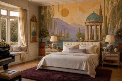 Garden Folly Wall Mural Swan Lake Estate Landscape Luxury Scenic Wallpaper