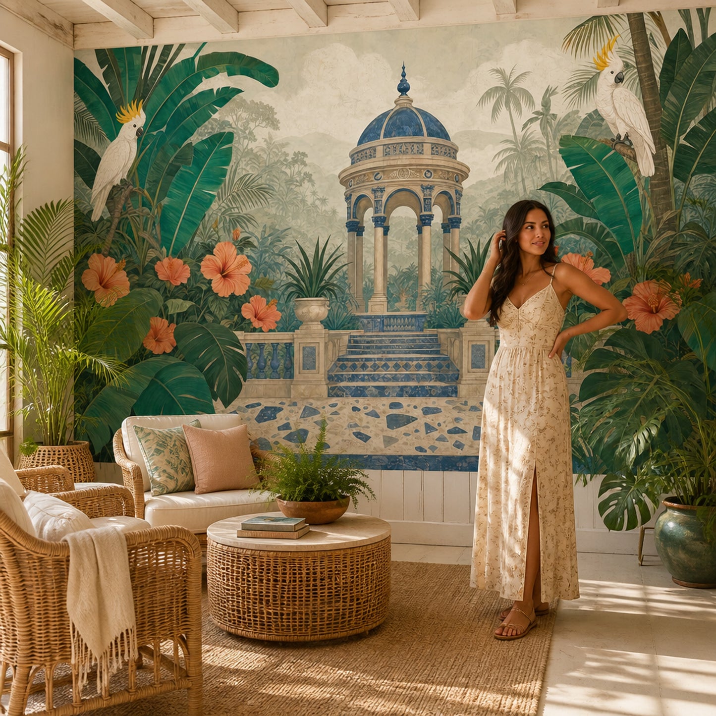 Luxury Tropical Wall Mural Botanical Chinoiserie Exotic Landscape Decor