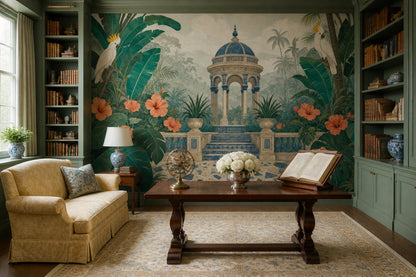 Luxury Tropical Wall Mural Botanical Chinoiserie Exotic Landscape Decor