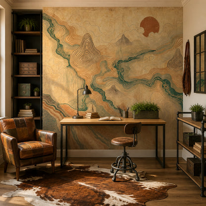 Mountain River Wall Mural Scenic Landscape Wallpaper Earth Tone Nature Wall Decor