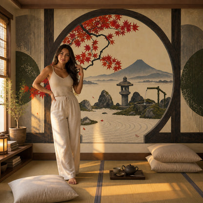Moon Gate Zen Garden Wall Mural Sacred Mountain Meditation Landscape Decor