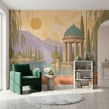 Garden Folly Wall Mural Swan Lake Estate Landscape Luxury Scenic Wallpaper