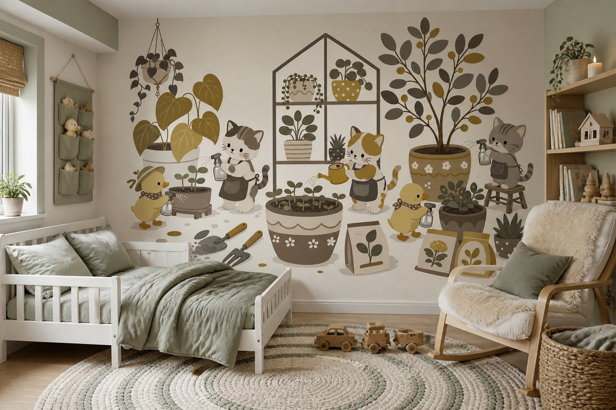 Cat Garden Wall Mural Whimsical Botanical Animal Decor