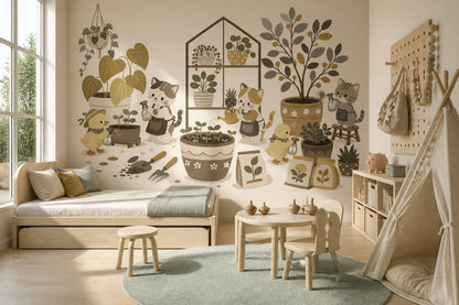 Cat Garden Wall Mural Whimsical Botanical Animal Decor