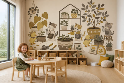 Cat Garden Wall Mural Whimsical Botanical Animal Decor