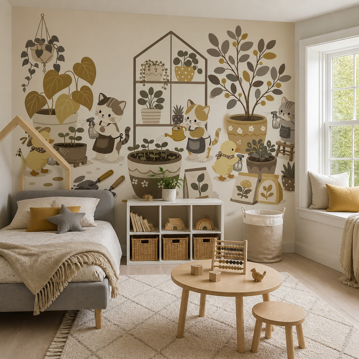 Cat Garden Wall Mural Whimsical Botanical Animal Decor