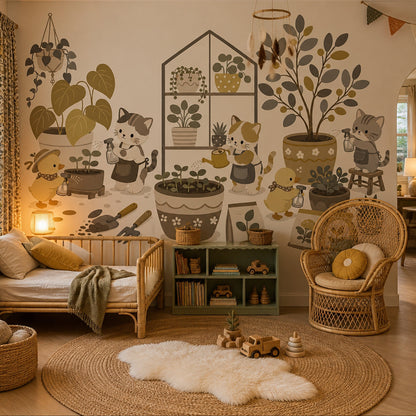 Cat Garden Wall Mural Whimsical Botanical Animal Decor