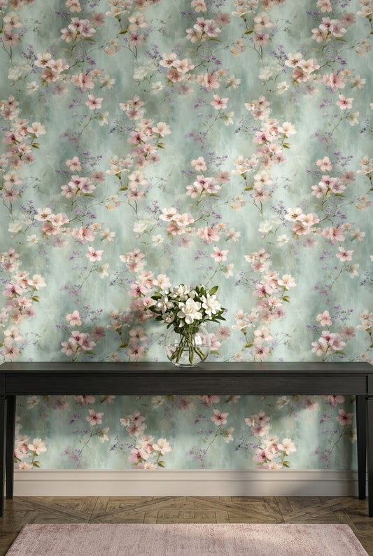 Painterly Floral Wallpaper Romantic Garden Blossom Vintage Botanical Decor