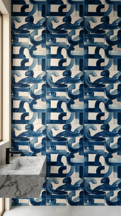 Blue Brushstroke Tile Effect Wallpaper with Abstract Curves