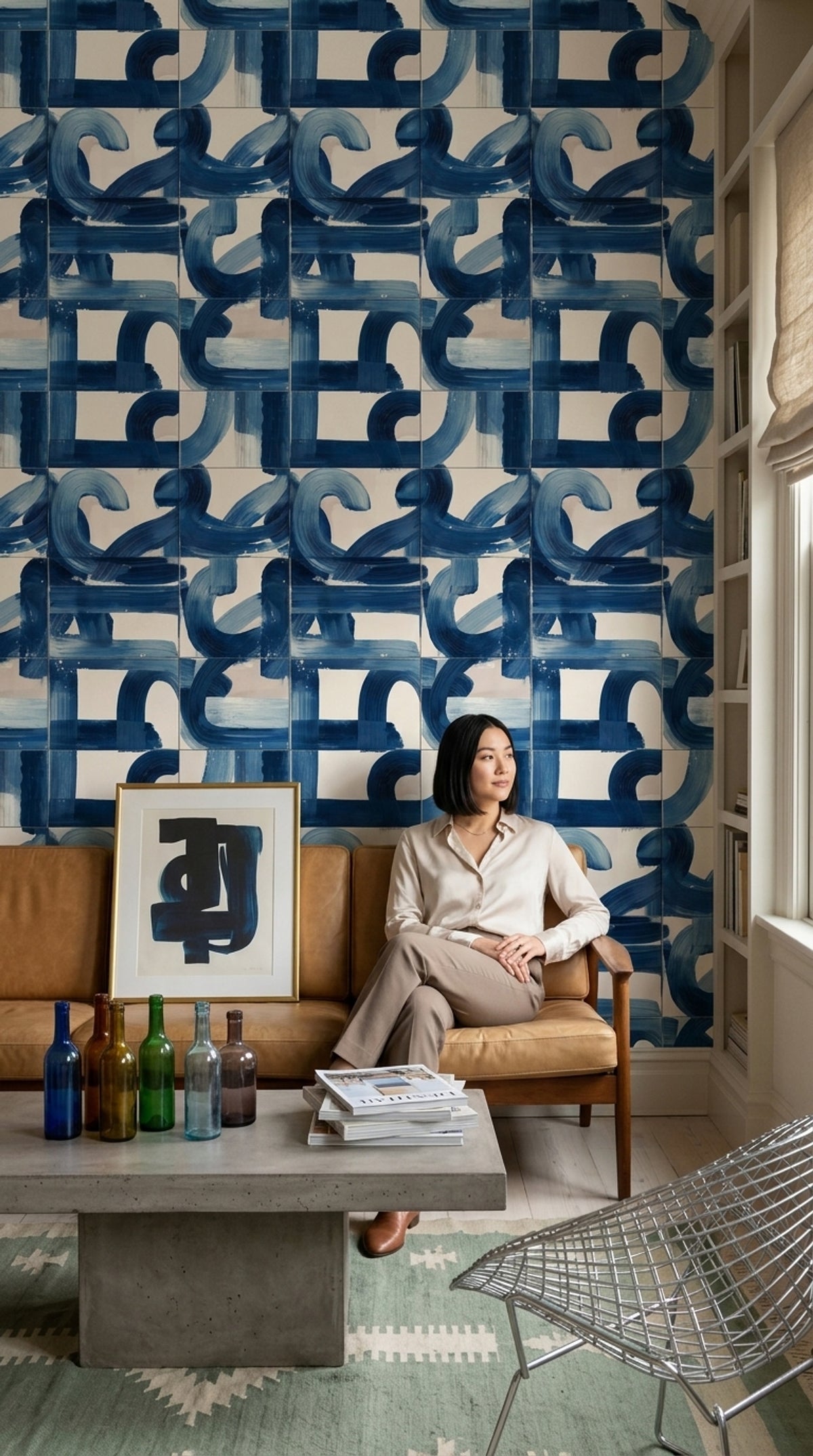 Blue Brushstroke Tile Effect Wallpaper with Abstract Curves