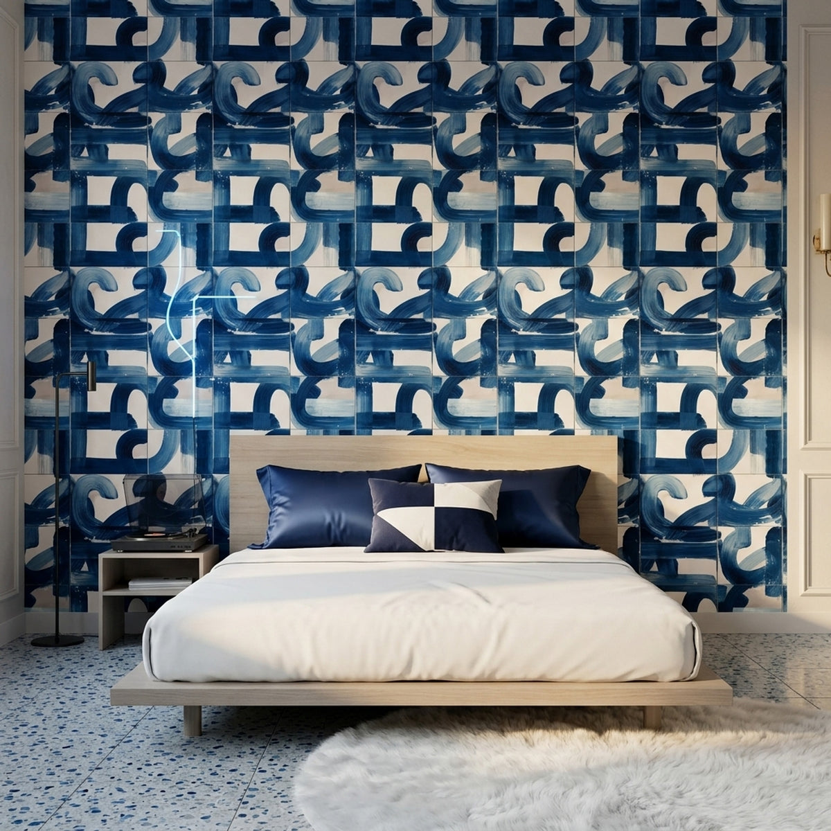 Blue Brushstroke Tile Effect Wallpaper with Abstract Curves