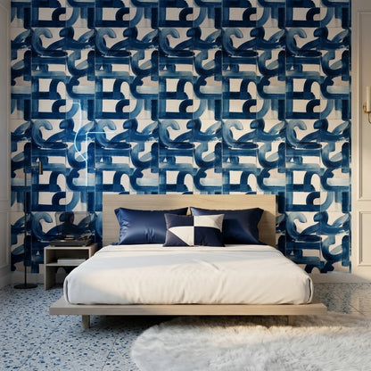 Blue Brushstroke Tile Effect Wallpaper with Abstract Curves