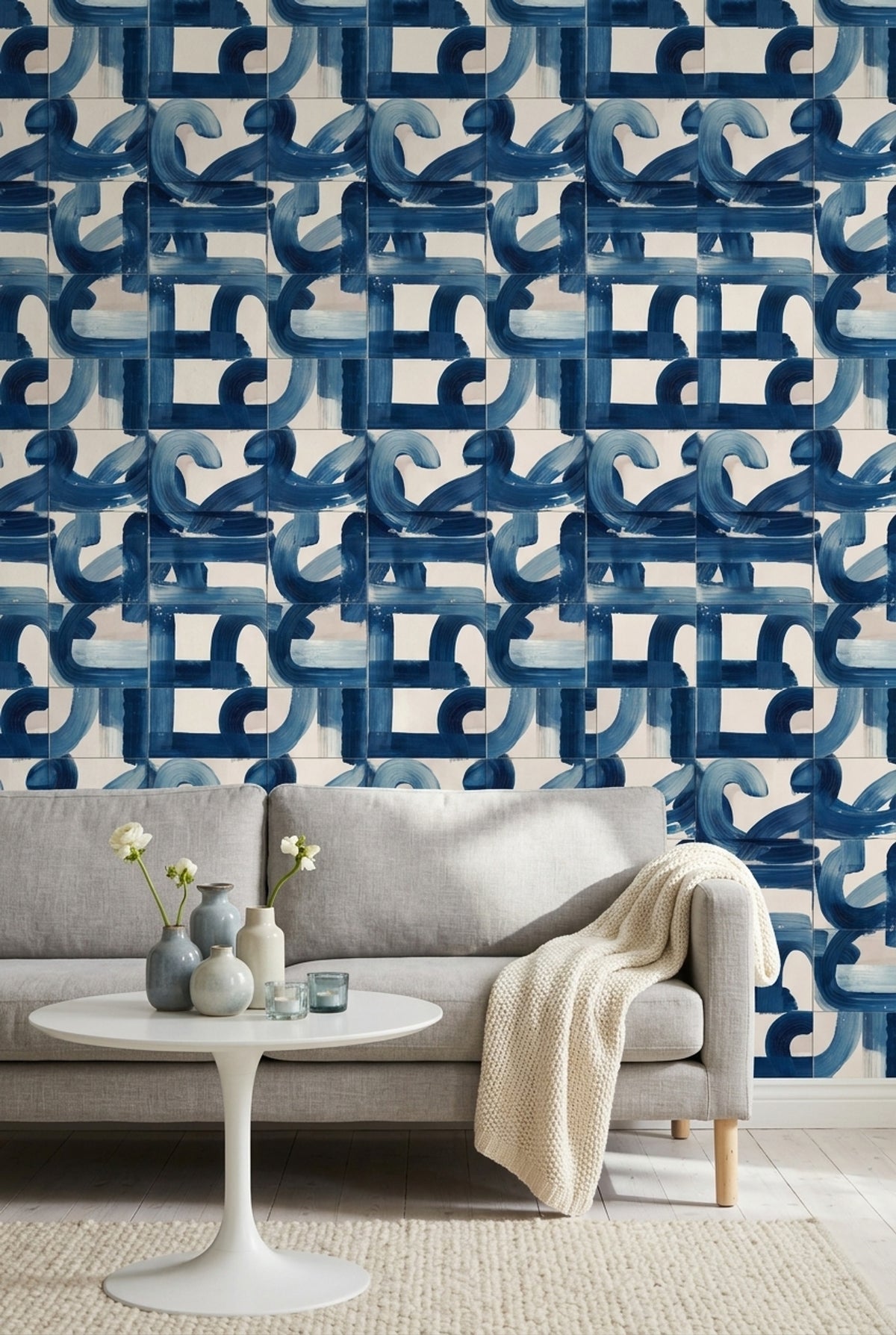 Blue Brushstroke Tile Effect Wallpaper with Abstract Curves