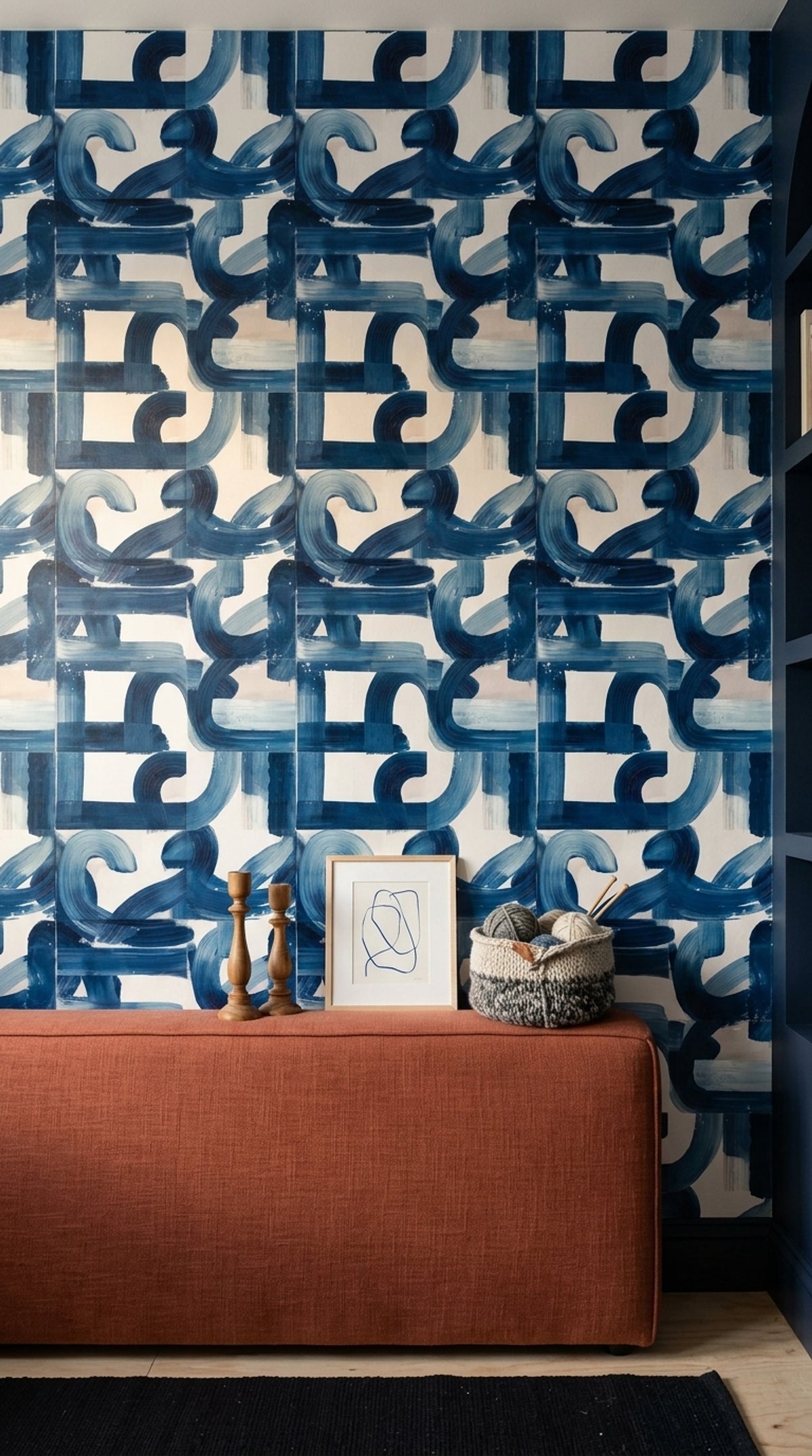 Blue Brushstroke Tile Effect Wallpaper with Abstract Curves