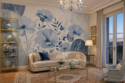 Blue Botanical Wall Mural Oversized Floral Wall Art Luxury Living Room Decor
