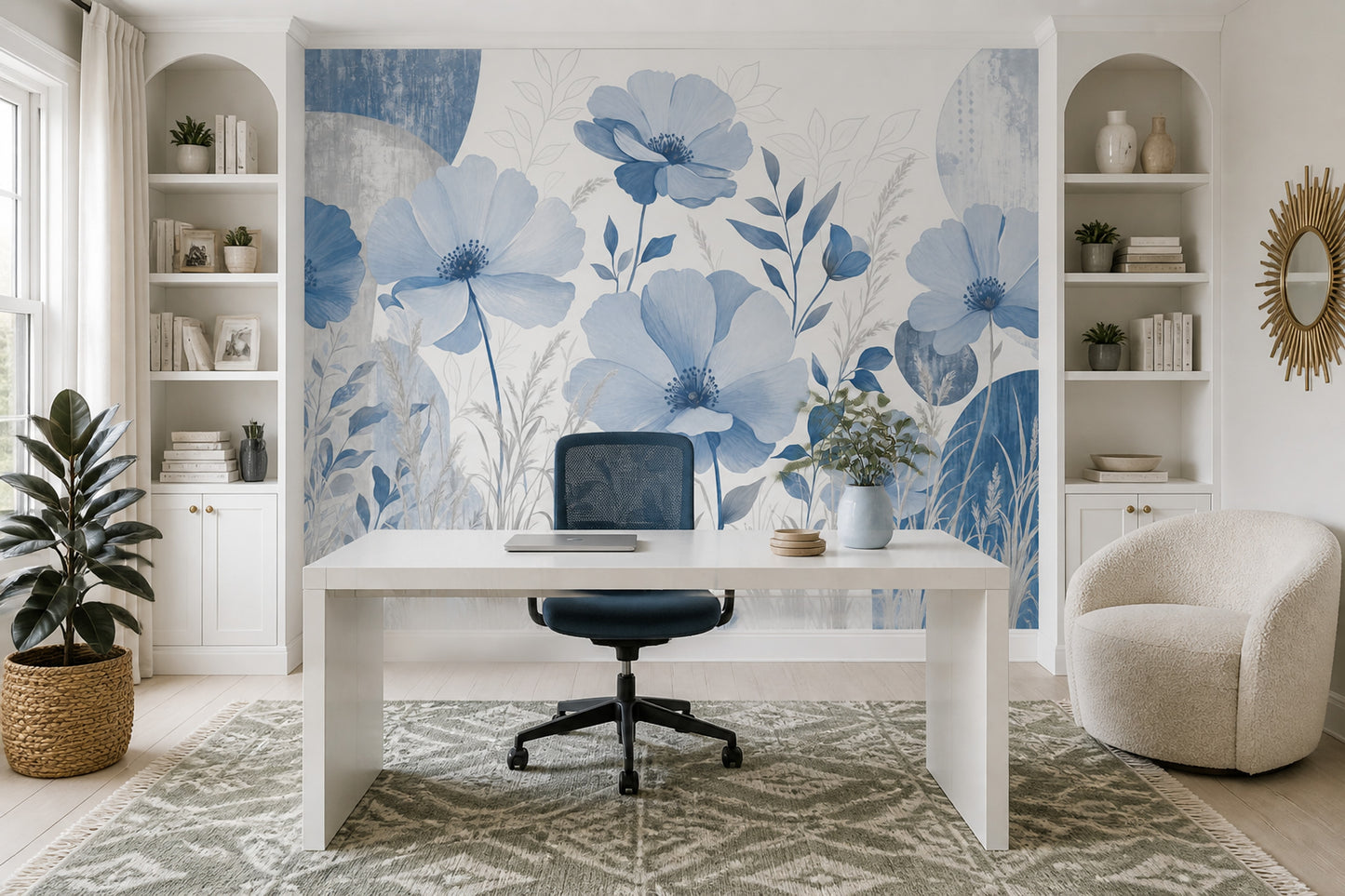 Blue Botanical Wall Mural Oversized Floral Wall Art Luxury Living Room Decor