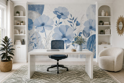 Blue Botanical Wall Mural Oversized Floral Wall Art Luxury Living Room Decor