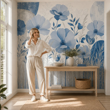 Blue Botanical Wall Mural Oversized Floral Wall Art Luxury Living Room Decor