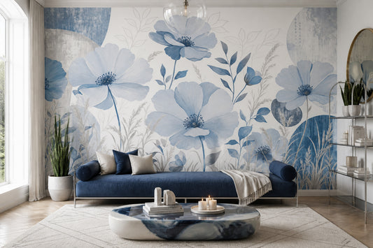 Blue Botanical Wall Mural Oversized Floral Wall Art Luxury Living Room Decor