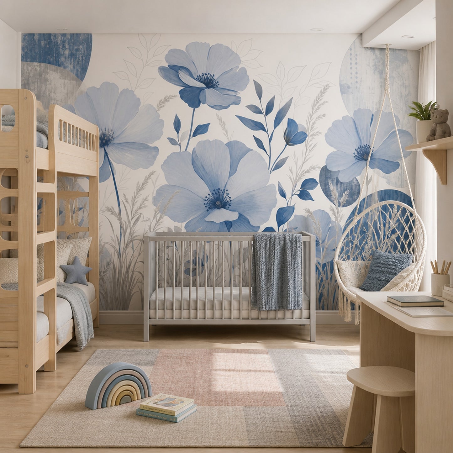 Blue Botanical Wall Mural Oversized Floral Wall Art Luxury Living Room Decor