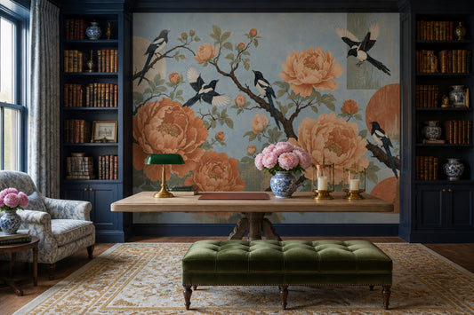 Botanical Bird Wall Mural Vintage Peony Blossom Statement Wall Decor Blue Floral Landscape
