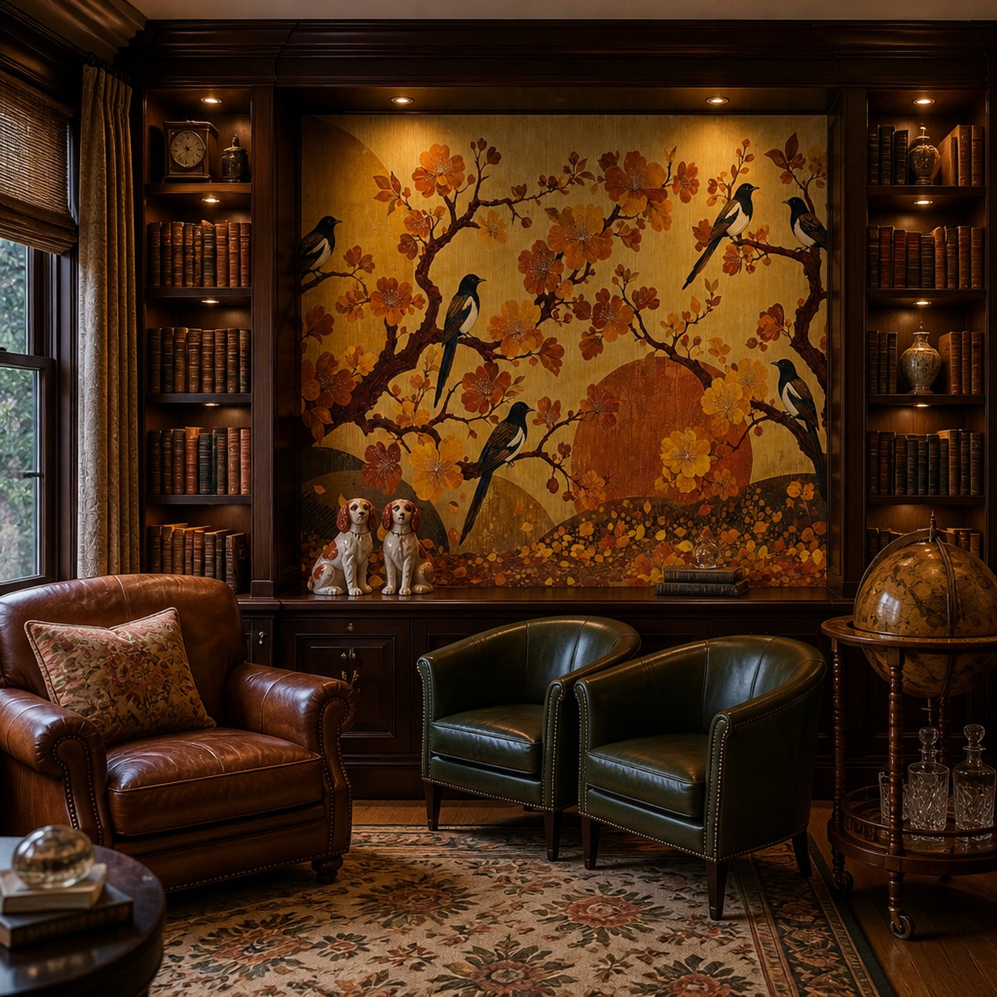 Dark Academia Wall Mural Golden Blossom Birds Luxury Library Study Wall Decor