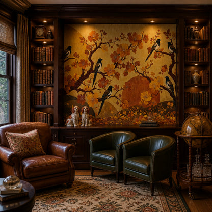 Dark Academia Wall Mural Golden Blossom Birds Luxury Library Study Wall Decor