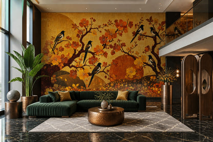 Dark Academia Wall Mural Golden Blossom Birds Luxury Library Study Wall Decor