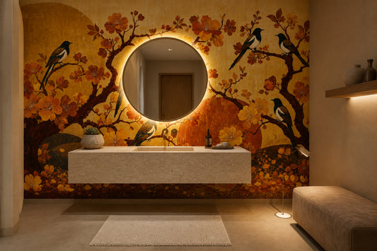 Dark Academia Wall Mural Golden Blossom Birds Luxury Library Study Wall Decor