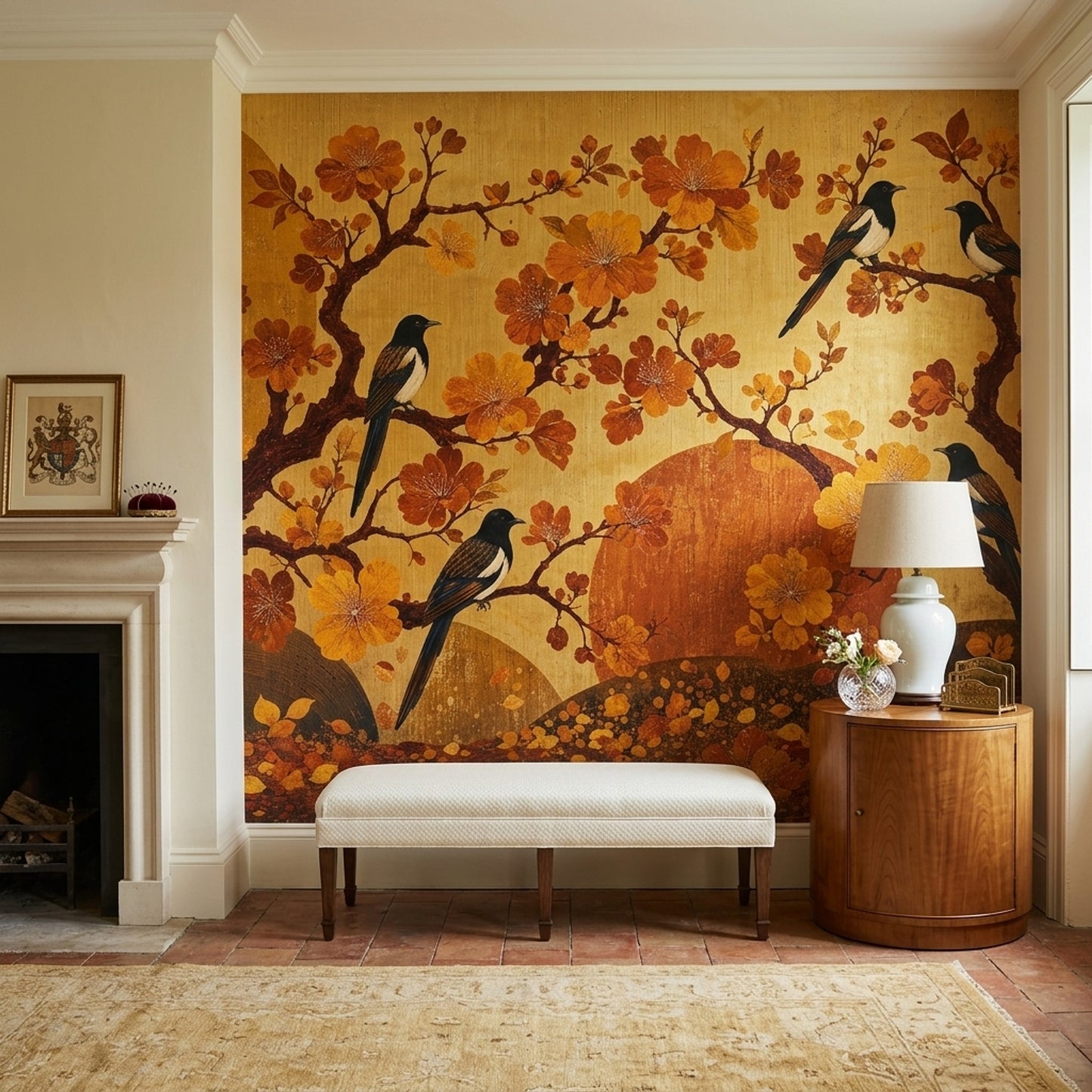 Dark Academia Wall Mural Golden Blossom Birds Luxury Library Study Wall Decor