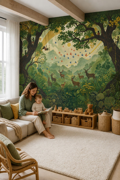 Enchanted Woodland Forest Wall Mural Storybook Deer Nature Landscape Luxury Decor