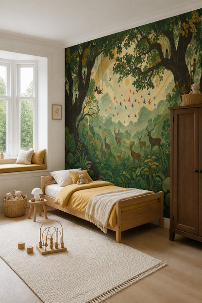 Enchanted Woodland Forest Wall Mural Storybook Deer Nature Landscape Luxury Decor