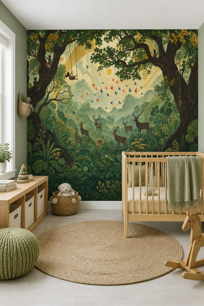 Enchanted Woodland Forest Wall Mural Storybook Deer Nature Landscape Luxury Decor