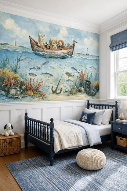 Adventure Ocean Wall Mural Coastal Nursery Decor Illustrated Kids Room Mural