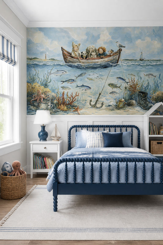 Adventure Ocean Wall Mural Coastal Nursery Decor Illustrated Kids Room Mural